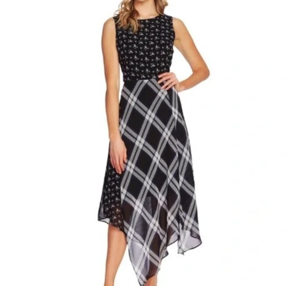 NWOT Vince Camuto Mix Media Print plaid, floral dress, size 6
